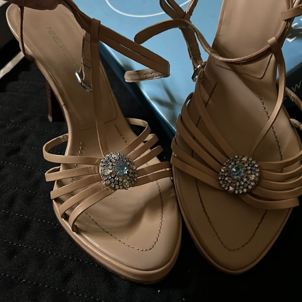 Stacked wood 4” heels, Leather straps with rhinestone detailing!